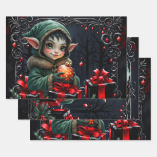 Cute Elf Child in Green Hooded Coat  Wrapping Paper Sheet