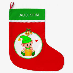 Cute Elf & Christmas Bells on Red Large Christmas Stocking
