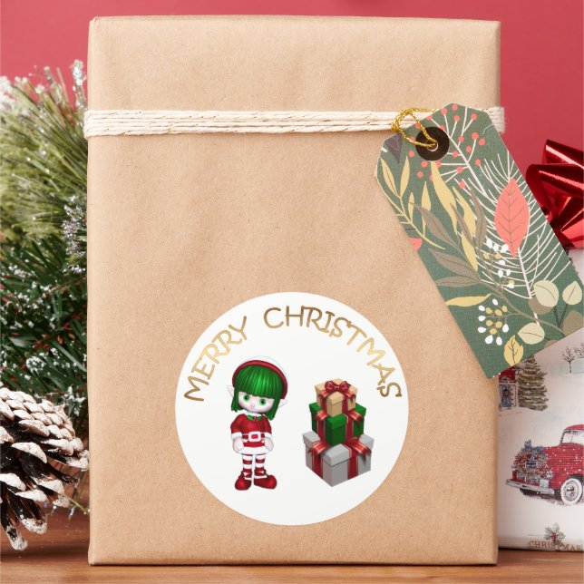 Cute Elf Christmas Classic Round Sticker (Holiday)