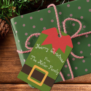 Cute Elf Costume Red Green Brown Name Christmas Gift Tags