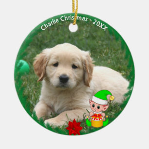 Cute Elf & Custom Golden Retriever Puppy Photo Ceramic Ornament