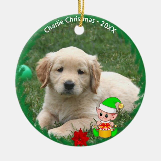 Cute Elf & Custom Golden Retriever Puppy Photo Ceramic Ornament (Front)