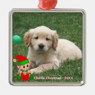 Cute Elf & Custom Golden Retriever Puppy Photo Metal Ornament