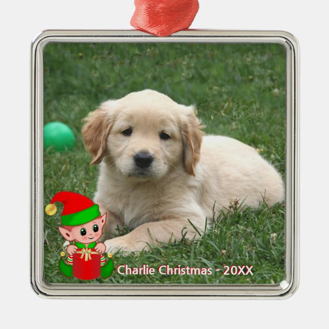 Cute Elf & Custom Golden Retriever Puppy Photo Metal Ornament (Front)