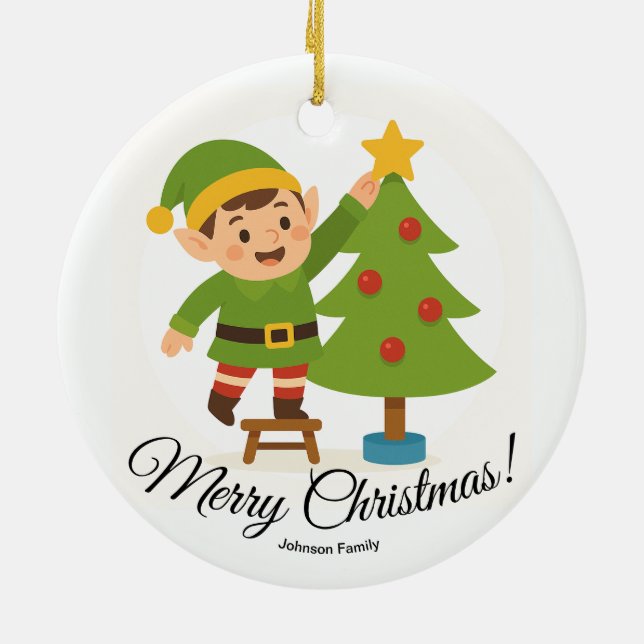 Cute Elf Decorating Tree Personalized Family Name Ceramic Ornament (Back)