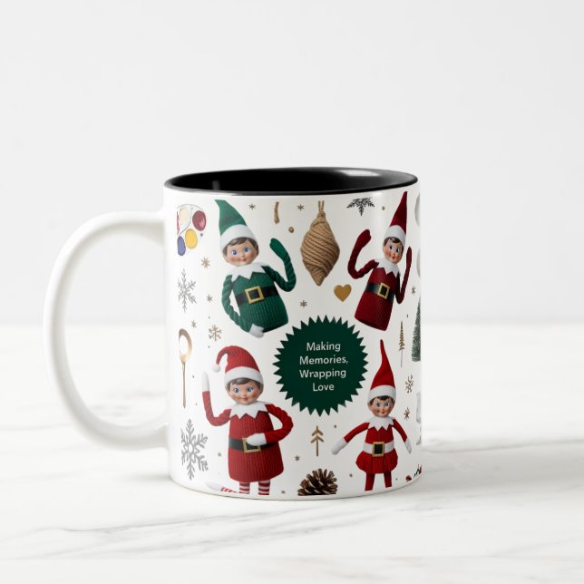 Cute Elf Dolls Crafty Holiday Collage  Two-Tone Coffee Mug (Left)