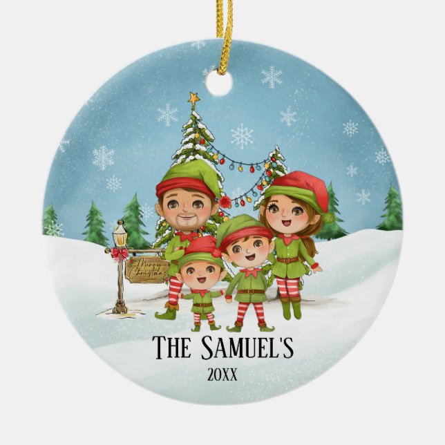 Cute Elf Family of 4 Mum Dad Sons Ceramic Ornament (Front)