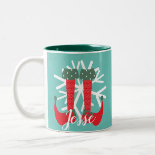 Cute Elf Feet Snowflake Custom Name Christmas Two-Tone Coffee Mug