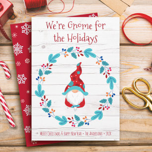 Cute Elf Gnome for Holidays Floral Wreath Rustic Holiday Card