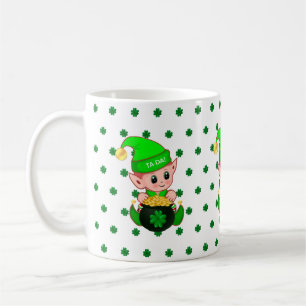 Cute elf, gold coins & lucky clovers coffee mug