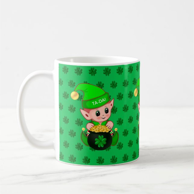Cute elf, gold coins & lucky clovers on green coffee mug (Left)
