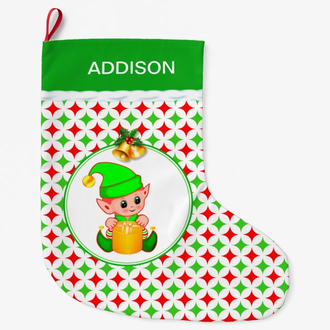 Cute Elf & Green & Red Diamond Star Pattern Large Christmas Stocking (Front)