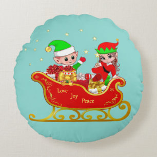 Cute Elf on Christmas Sleigh on Teal Round Cushion