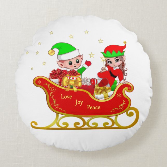 Cute Elf on Christmas Sleigh Round Cushion (Front)