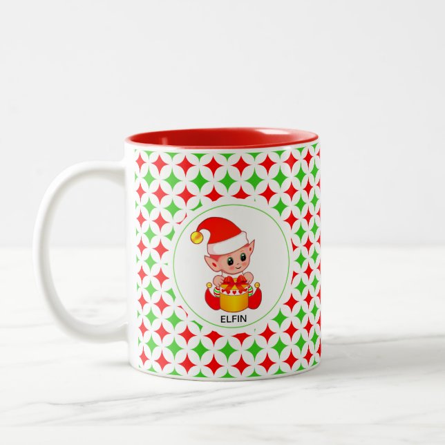  Cute Elf on Green & Red Diamond Star Pattern Two-Tone Coffee Mug (Left)