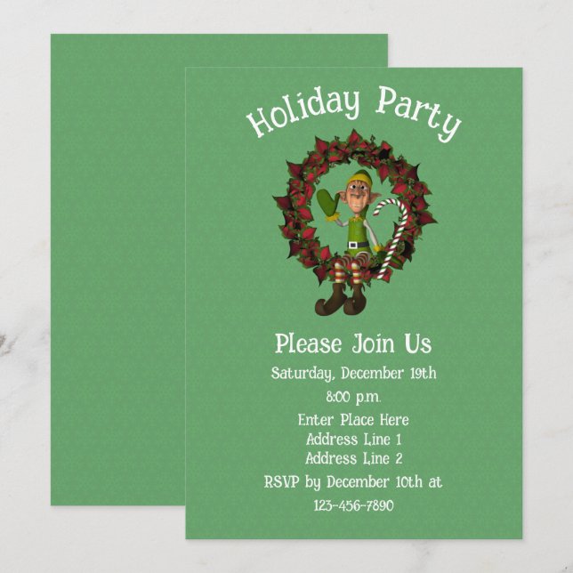 Cute Elf On Poinsettia Wreath Christmas Holiday  Invitation (Front/Back)