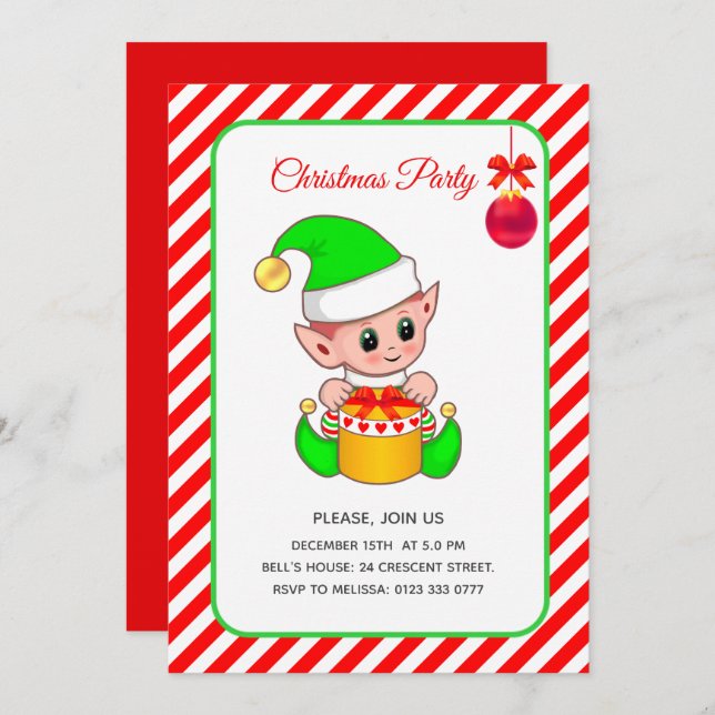 Cute Elf on Red & White Christmas Invitation (Front/Back)