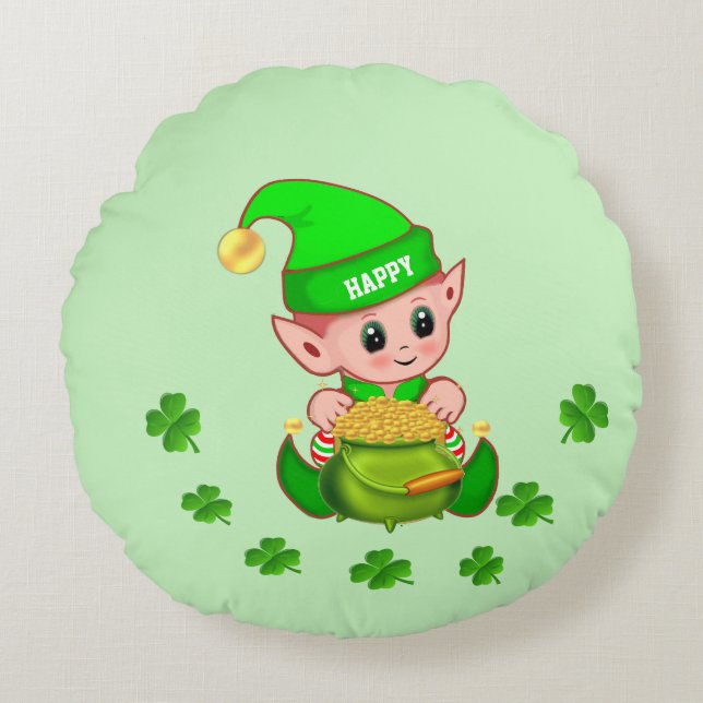 Cute elf, pot of gold & shamrocks on light green round cushion (Front)