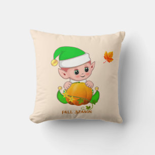 Cute Elf & Pumpkin on Light Beige Cushion