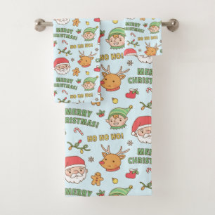 Cute Elf, Reindeer, Santa, Merry Christmas Pattern Bath Towel Set