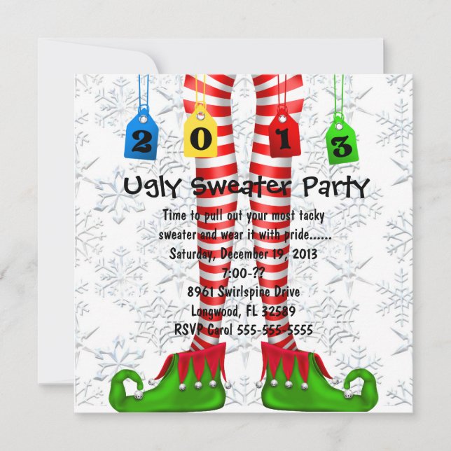 Cute Elf Stocking Ugly Sweater Party Invite (Front)