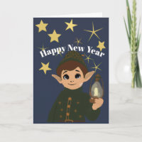 Cute Elf Watcher Starry Night Happy New Year Foldi