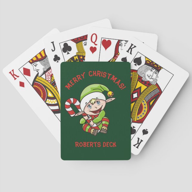 Cute Elf with Candy Cane Christmas Playing Cards (Back)