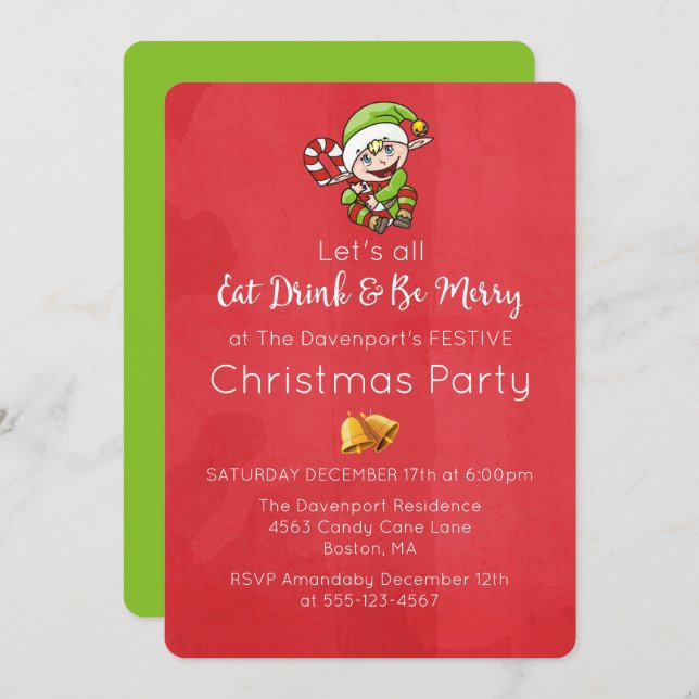 Cute Elf with Christmas Cane Christmas Invitation (Front/Back)