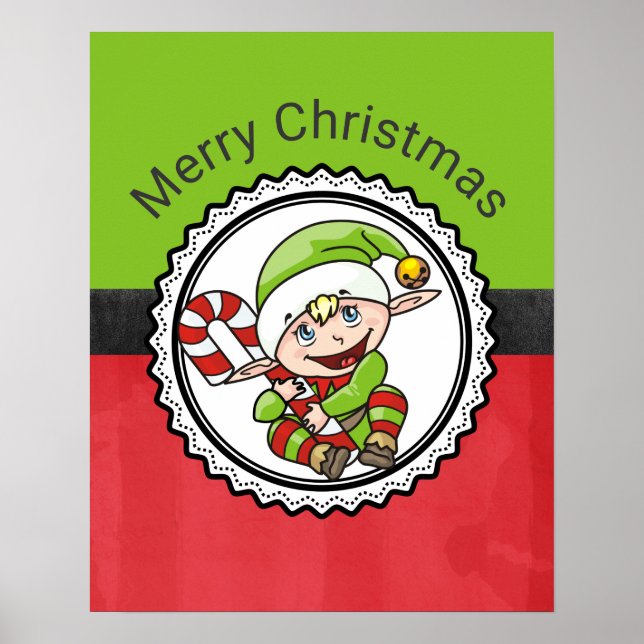 Cute Elf with Christmas Cane Merry Christmas Poster (Front)