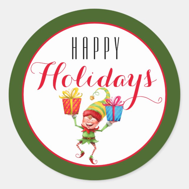 Cute Elf with Gifts Happy Holiday/Green Classic Round Sticker (Front)