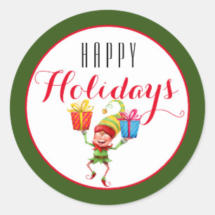 Cute Elf with Gifts Happy Holiday/Green Classic Round Sticker