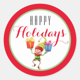 Cute Elf with Gifts Happy Holiday/Red Classic Round Sticker