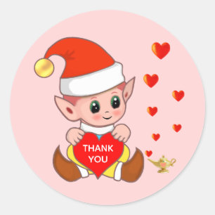 Cute elf with love hearts Thank You Classic Round  Classic Round Sticker