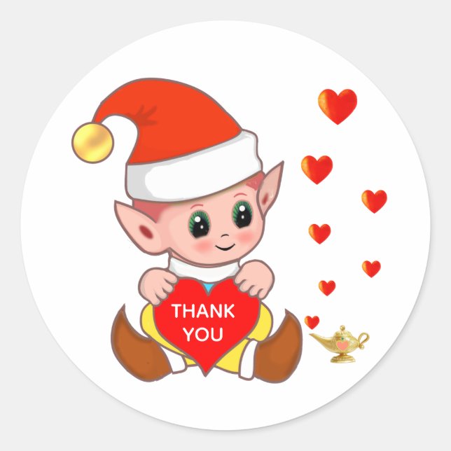 Cute elf with love hearts Thank You Classic Round Sticker (Front)