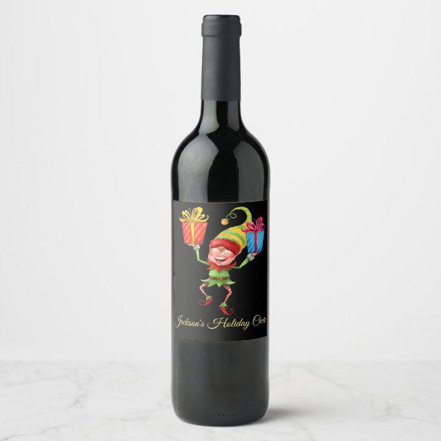 Cute Elf with Packages Custom Christmas Wine Label (Front)