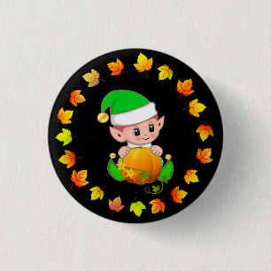 Cute Elf with Pumpkin and Fall Leaves on Black 3 Cm Round Badge