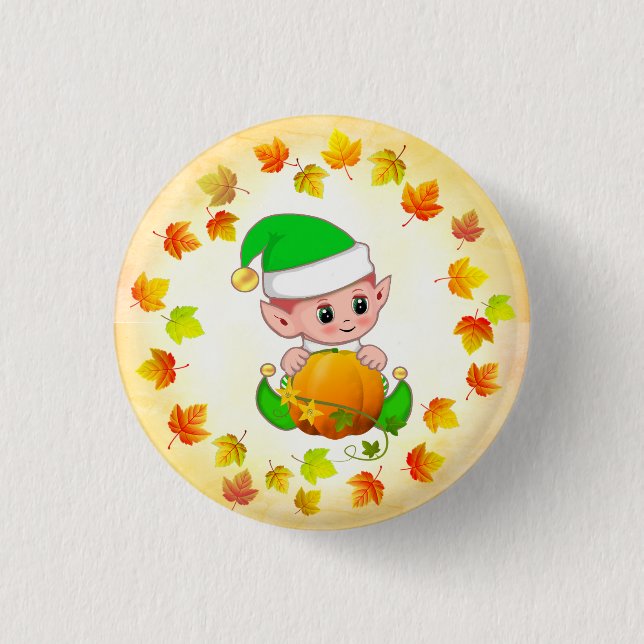 Cute Elf with Pumpkin and Holiday Fall Leaves  3 Cm Round Badge (Front)