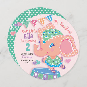 Cute Elle Elephant, 2nd Birthday, Circus Party Invitation