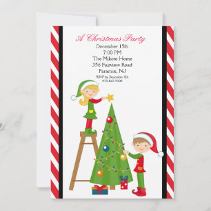 Cute Elves Decorating Tree Christmas Party Invite