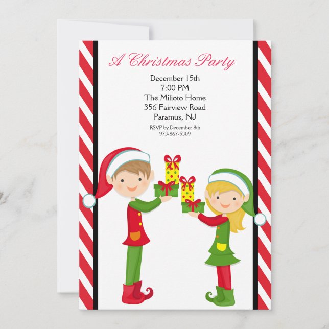 Cute Elves Decorating Tree Christmas Party Invite (Front)