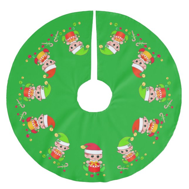 Cute elves, Santa's little helpers on green Brushed Polyester Tree Skirt (Front)