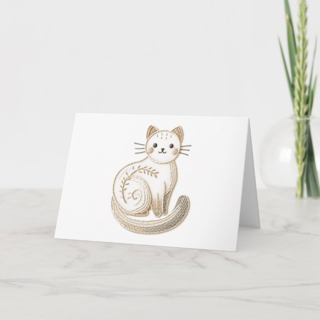 Cute Embroidered Boho Kitty Cat Blank Card (Front)
