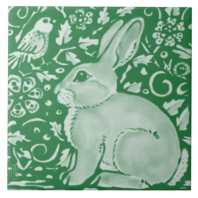 Cute Emerald Green Rabbit Bunny Floral Garden Cera Ceramic Tile (Front)