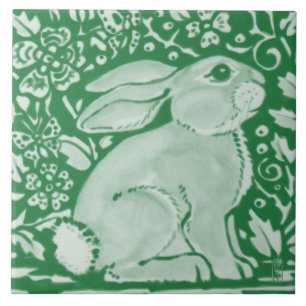 Cute Emerald Green Rabbit Bunny Floral Garden Ceramic Tile