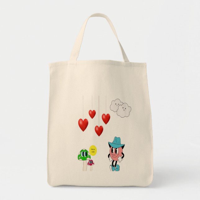 Cute Emoji & Mushroom Tote Bag – Fun Cartoon Heart (Front)