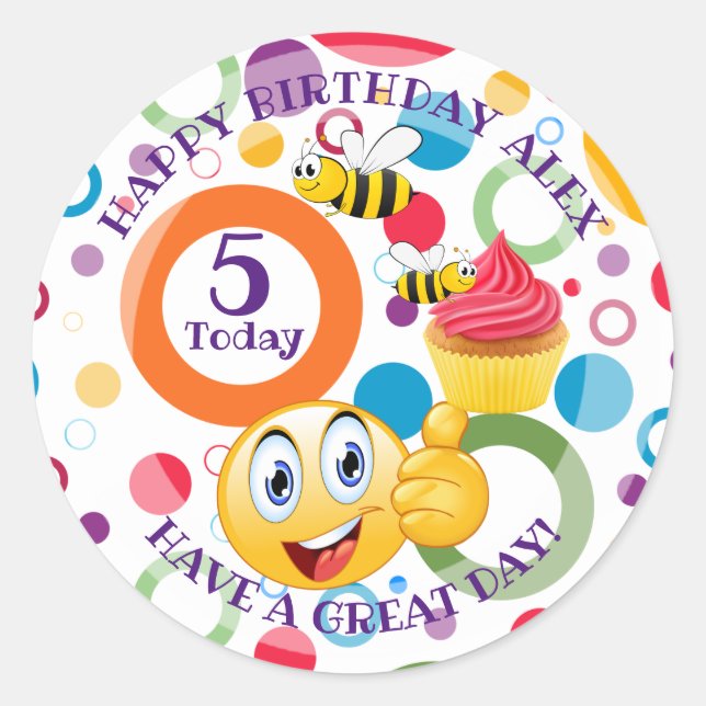 Cute emoji personalised Kids' age Birthday Classic Round Sticker (Front)