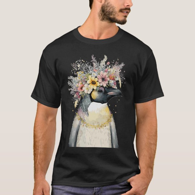 Cute Emperor Penguin Seabird Flower Crown Floral B T-Shirt (Front)