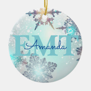 Cute EMT Ice Blue Snowflake Personalised Name  Ceramic Ornament