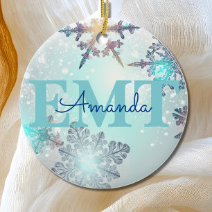 Cute EMT Ice Blue Snowflake Personalised Name Ceramic Ornament