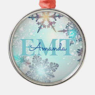 Cute EMT Ice Blue Snowflake Personalized Name  Metal Ornament